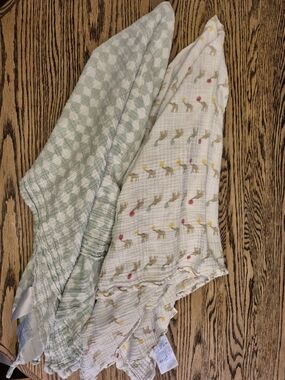aden + anais Muslin Baby Blankets in Green Check & White with Elephant Print